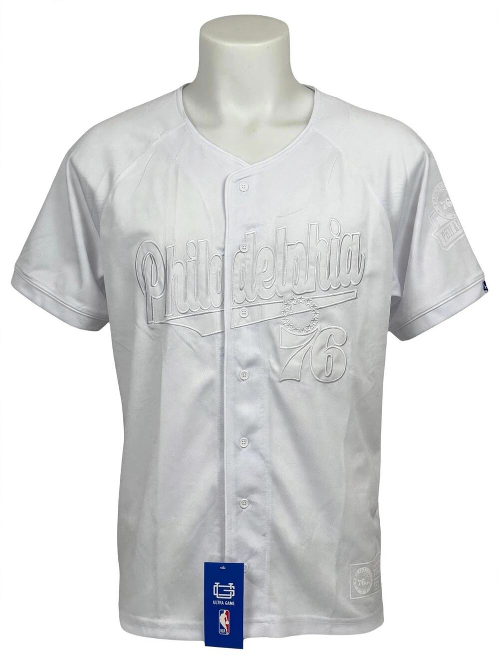 Ultra Game NBA Philadelphia 76ers Jersey Size XL White Baseball Style Shirt NWT